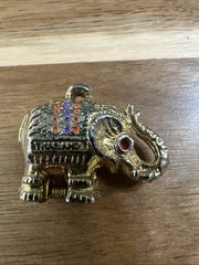 Vintage Gold Tone Elephant Trinket Box Charm Pendant Hinged Enamel Rhinestone