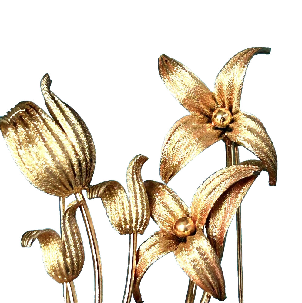 2 VINTAGE 60’s TEXTURED GOLD 2 TONE COPPER COLOR METAL ALLOY FLOWERS 3 INCH PINS