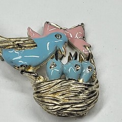 Bird Nest Pin Vintage Pink Blue Birds Signed Vero