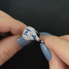 Art Deco Style Sapphire Lab Created Diamond 14K White Gold FN Anniversary Ring