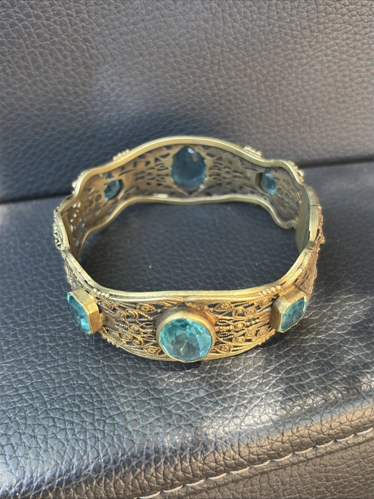 Vintage Brass Cuff Bracelet Blue Stones and Fine Filigree Design