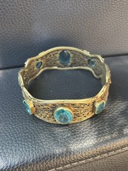 Vintage Brass Cuff Bracelet Blue Stones and Fine Filigree Design