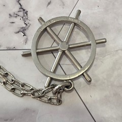 VINTAGE Chunky Modernist Logeskov Tin Denmark Ship’s Wheel Pendant Necklace 26in