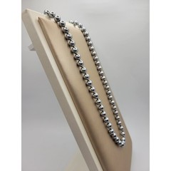 Vintage Glass Faux Pearl Necklace Pewter Silvery Gray Beads Hand Knotted 20.5″