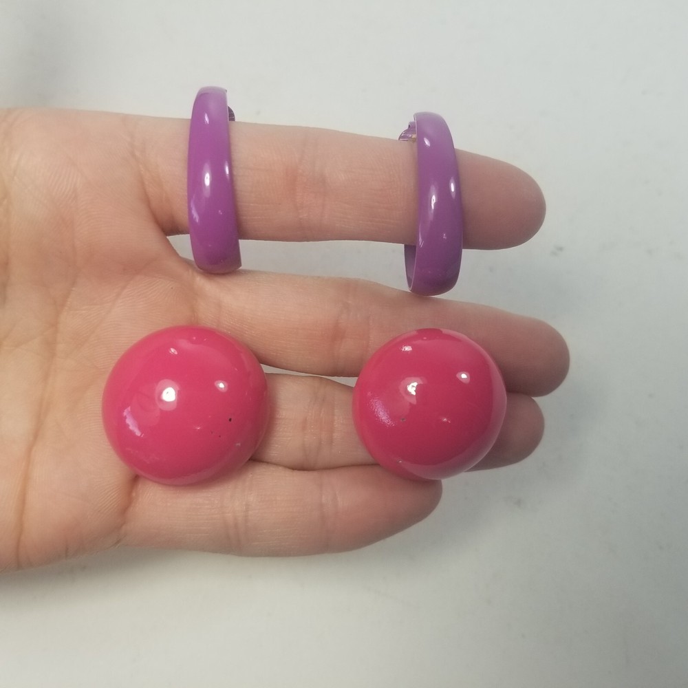 80’s 90’s Metal Enamel Earrings Purple Pink Clip On Earrings Funky Retro Lot 2x