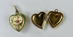 2 Vintage Enamel Heart Locket, Cornucopia, Floral 14k Gold Plated, Hand painted