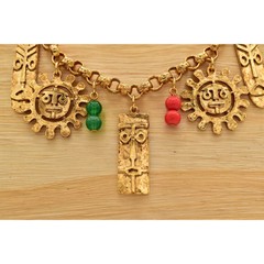 Vintage Tribal Charm Necklace Sun Tiki Mask Beaded Gold Heavy Chunky NOS BinA5