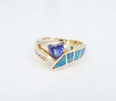 14k Tanzanite Opal Inlay Diamond Cocktail Ring Yellow Gold Natural Size 7 RG5195