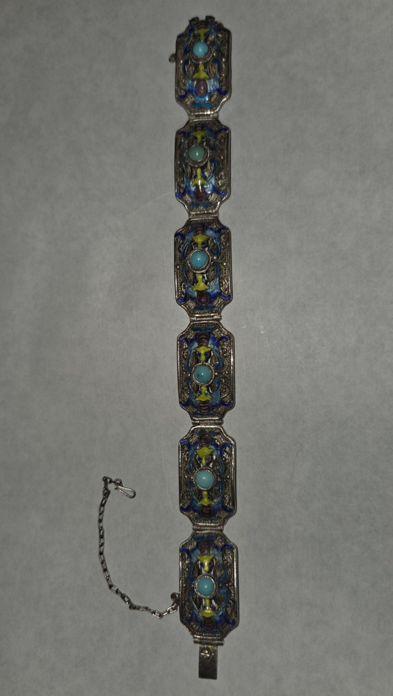 Antique Chinese Export Silver Filigree Enamel Turquoise Bat Link Bracelet 26g