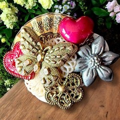 Handmade Assemblage Brooch Butterfly Heart Mixed Media Art Pin Vintage Buttons