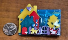 House Pins by Lucinda USA Blue Glitter Sky House Cat & Dog in Yard Pin / Brooch