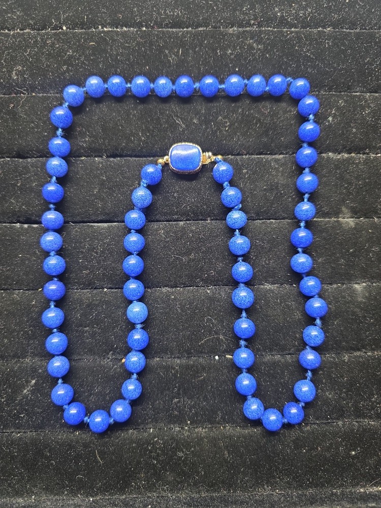 Vintage Marvella Signed Blue Round Ball Glass Bead Necklace W/ Gold Plated Clasp