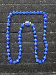 Vintage Marvella Signed Blue Round Ball Glass Bead Necklace W/ Gold Plated Clasp