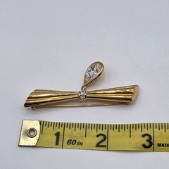 Monet Gold Tone Bow Brooch with Teardrop Crystal Dangle Pin Vintage Signed