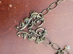 Signed JRD Brass Art Nouveau Necklace Ivy Heart Leaf Cascade Twig Toggle Boho
