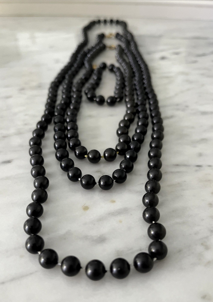 Vintage Set: 3 Black Bead Necklaces with Matching Bracelet