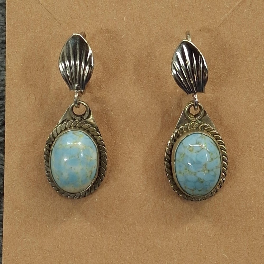Turquoise Color Cabochon Dangle Earrings Leverback Southwestern Style Silvertone