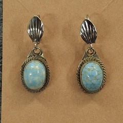 Turquoise Color Cabochon Dangle Earrings Leverback Southwestern Style Silvertone
