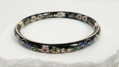 Vintage Chinese Black Cloisonné Enamel Bangle Bracelet Floral Hinged Gilt Brass