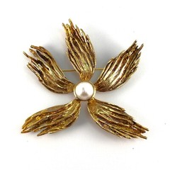 Vtg MCM Sterling Modernist Flower Brooch Mabe Pearl Gold Vermeil 5″ 71g Signed