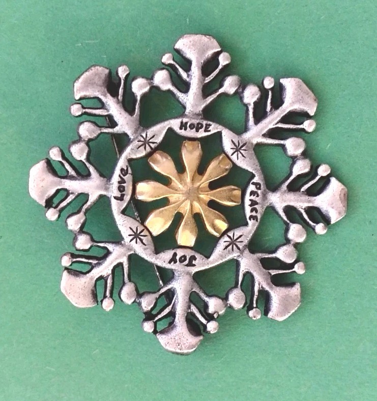 Vintage 1997 Signed LOVE, HOPE, PEACE & JOY Snowflake Brooch In Pewter