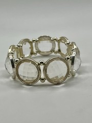 Vintage Silver Tone Large Clear Lucite Faceted Beads Stretch Cuff Bracelet 3”