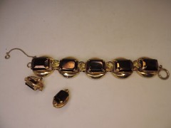 Bracelet Earrings Set 5 Link Brown Green Large Rhinestones Open Backs MCM Trendy