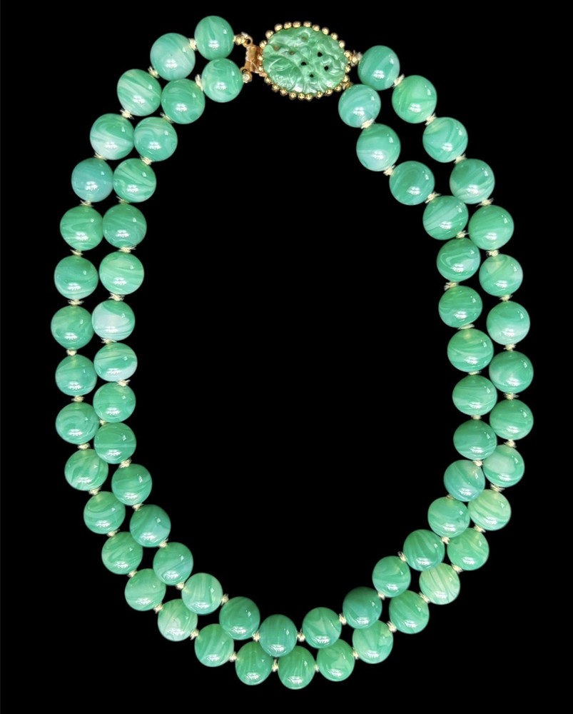 Vtg JOMAZ Jadeite Glass Choker Double Strand Necklace Carved Glass Clasp 15.5”