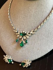Beautiful Antique Vintage ORA 1930’s Necklace Earrings Emerald Rhinestones