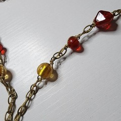 Vintage Coldwater Creek Red Yellow Glass Beaded Necklace Signed Nature Leaf Adj.