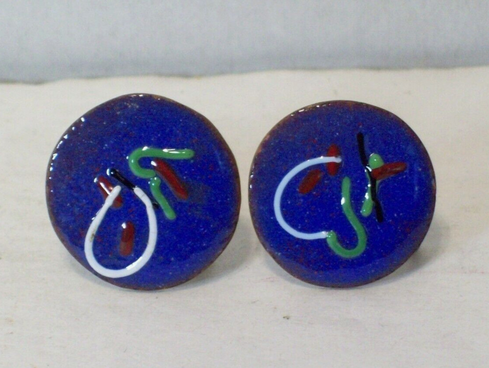 Blue Red Enamel Copper Earrings Round Mid Century Modern Circle MCM Retro Vtg