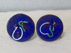 Blue Red Enamel Copper Earrings Round Mid Century Modern Circle MCM Retro Vtg
