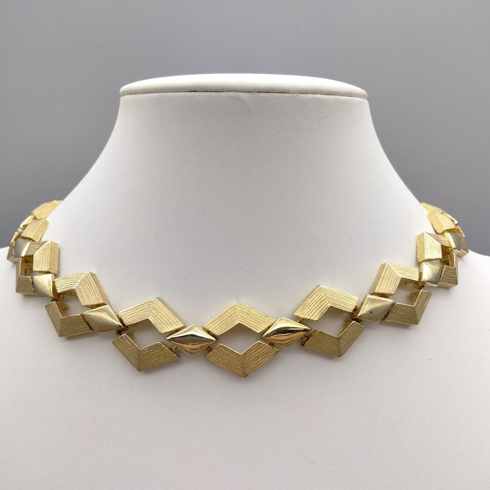 Brutalism Modern Brushed Gold Tone Chunky Funky Necklace 56″ Vintage Club 1950’s