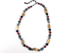 Vtg Natural Stone and Glass Silver Tone Hand Knotted Bead Necklace Blue Brown