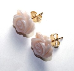 Carved Pink Rose Flower Conche Shell Mother of Pearl Fancy Stud Earrings 14k GF