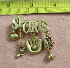 Vintage Signed D Danecraft Sports Brooch Pin w/ Dangle Charms Football Baseball