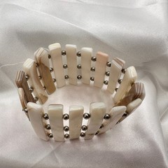 Vintage 90s Mother of Pearl Shell Stretch Bracelet Boho Wide Cuff Jewelry
