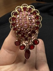 Vintage Gold Tone Red And Pink Dangling Lace Border Brooch