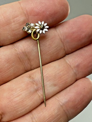 Antique Victorian Gold Filled Stick Pin White Enamel Flower Rhinestones Dainty