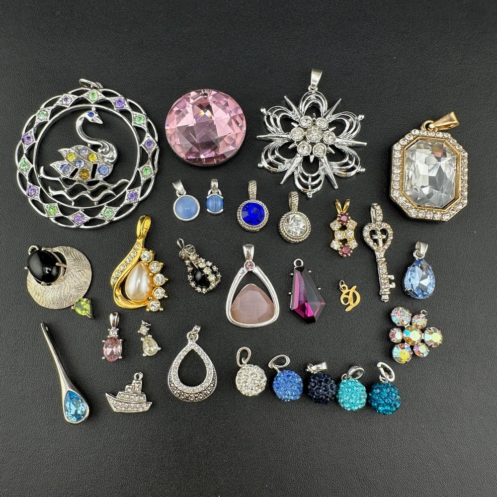 Vintage to Now Crystal Rhinestone Pendant Charm Lot of 28 Silver Gold Tone Mix