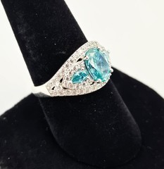 Sterling Silver 925 Blue Topaz Aquamarine Halo Pear Oval Gemstone Ring Sz 8 – 5g