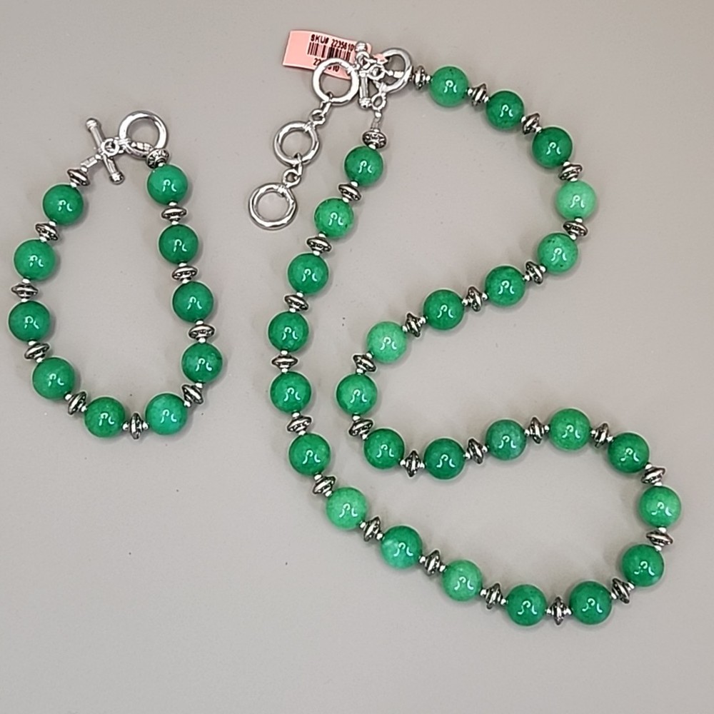 Jade Beaded Necklace Bracelet Set Green Stone Stainless Steel JTV 20″