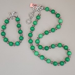 Jade Beaded Necklace Bracelet Set Green Stone Stainless Steel JTV 20″