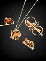 4pc Antique Victorian Gold Fill Mediterranean Coral Jewelry Set Brooch Necklace