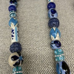 Vintage Artisan Necklace Ceramic Hand Painted Beads Blue White Floral 30 Inches