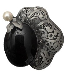 Vintage Filigree Silver Tone Black Onyx Pearl Brooch Antique Large