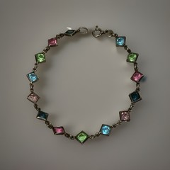 VTG ITALIAN STERLING SILVER BRACELET BEZEL SET MULTI COLOR GLASS STONES 7”
