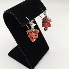 Vintage Sterling Silver Red Orange Coral Flower Hook Dangle Earrings 8.9g #97