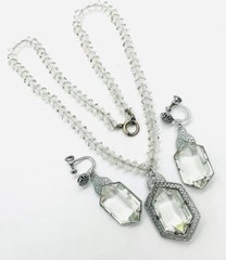 Art Deco Faceted Glass Rhodium Filigree Necklace & Earrings Vintage Jewelry