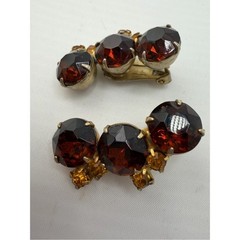 Vintage Amber Topaz Rhinestone Teardrop Cluster Clip On Earrings